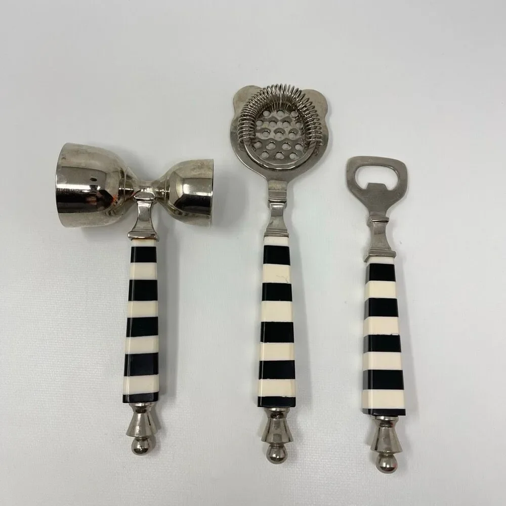Darren Ransdell Set of 3 Metal Bar Tools Black White Stripe Plastic Handles